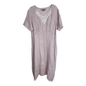 FLAX Long 100% Linen Maxi Dress Lilac Pink white Lace applique Sz L lagenlook